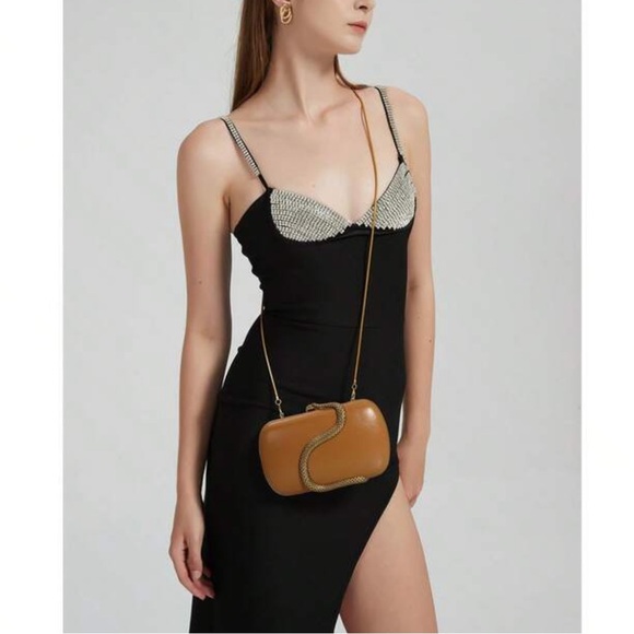 Elegant Brown Clutch with Gold Snake Accent